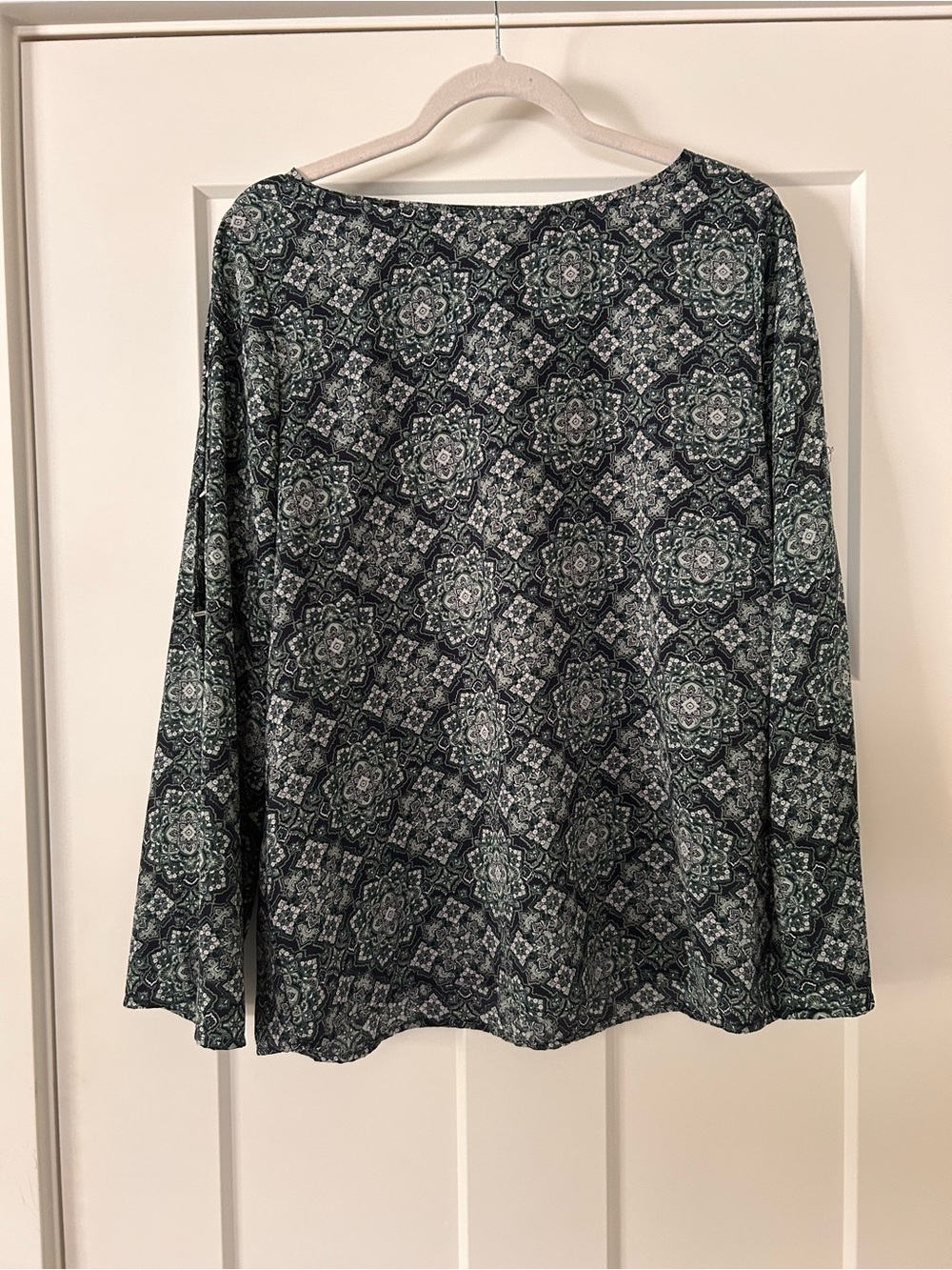 Michael Kors Black and Teal Medallion Long Sleeve Blouse with open sleeves